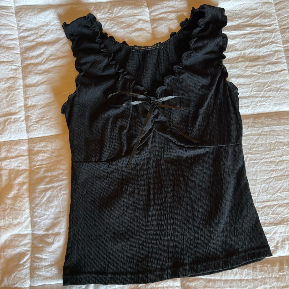 Brandy Melville Black Ruffle Lace-Up Blouse
